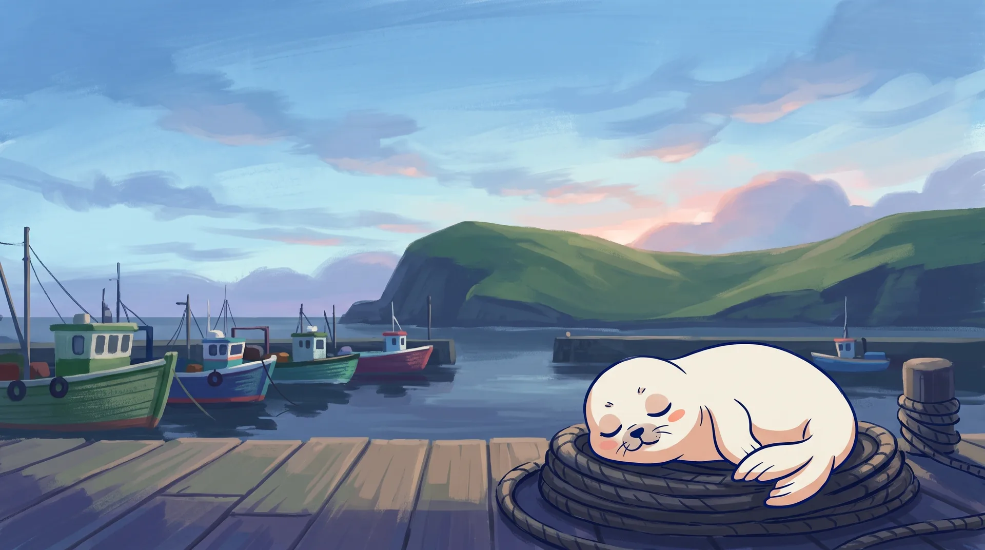 A sleeping seal curled on a coil of rope at the end of a fishing pier, before sunrise.